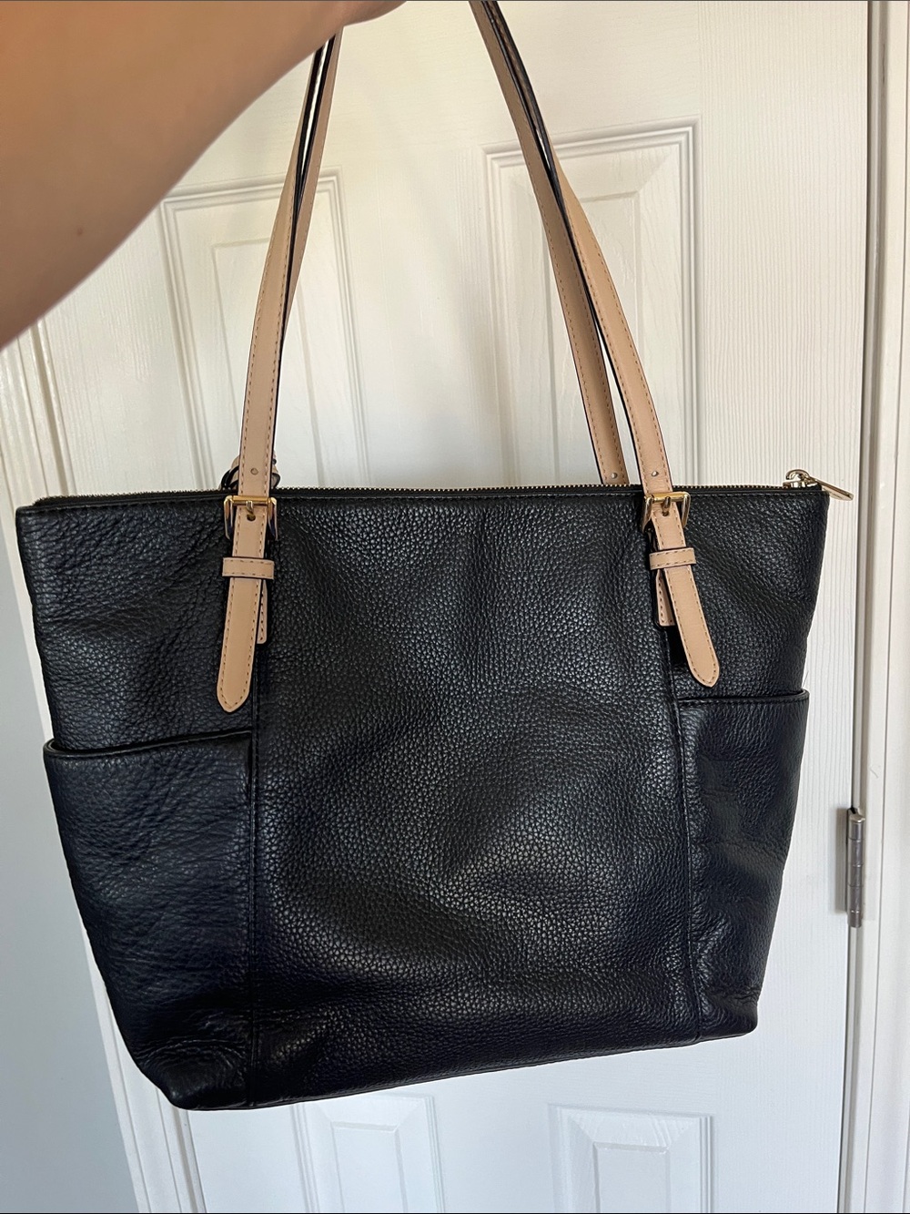 Michael Kors Jet Set Black Leather Tote with Tan Straps and Gold MK Charm - Picture 15 of 16